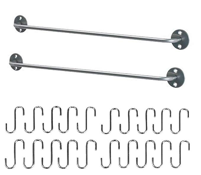 Ikea Steel Kitchen Organizer Set, 2 Rails and 20 Hooks, Silver