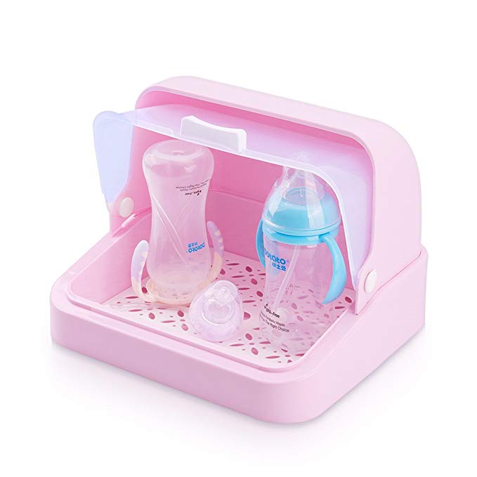 Mural Art Baby Bottles Storage Box Drying Rack with Anti-dust Cover Bread Box Tableware Bottle Finishing Boxes (Pink)