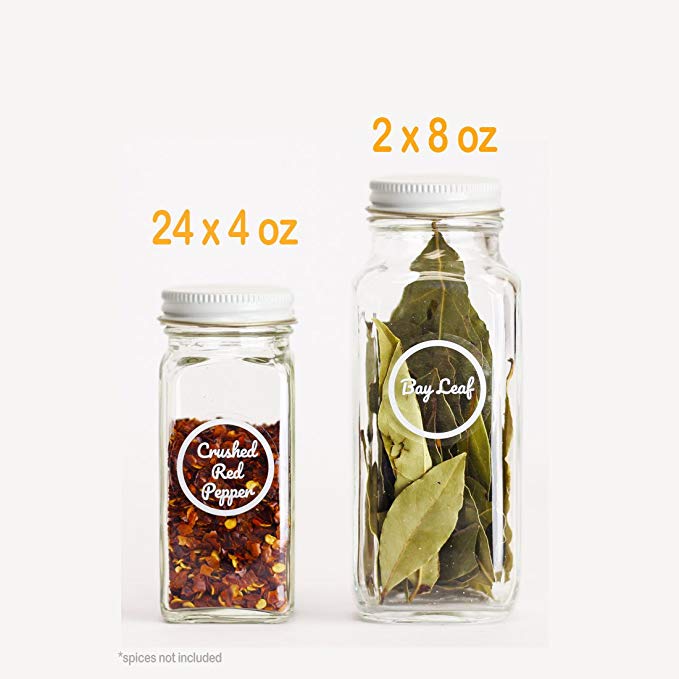 SpiceLuxe Premium Spice Jar Set -26 Empty Square Glass Jars, White Metal Airtight Lids, 100 Spice Labels, Easy Pour Funnel, and Shaker Tops - Decorative Containers Organize Your Spice Rack or Pantry