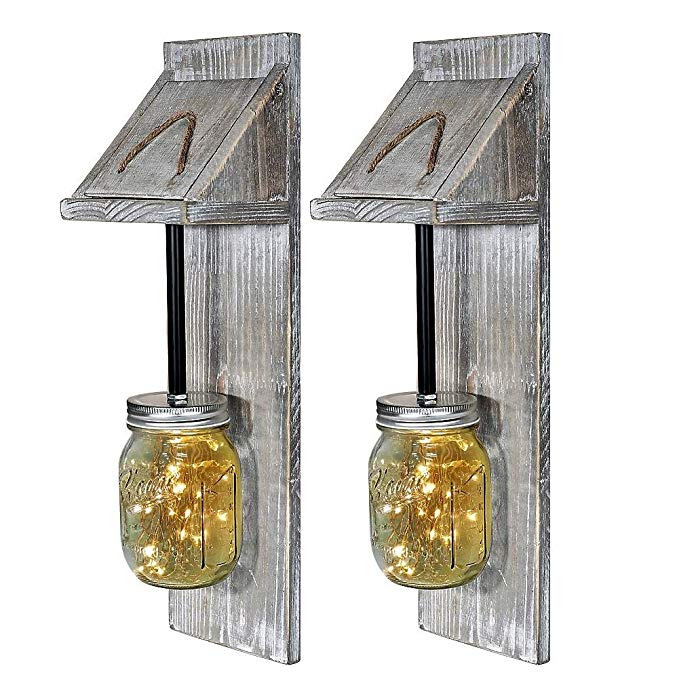 Mason Jar Fairy Lights Rustic Lighting Hanging Sconce Set of 2, Indoor Outdoor Wood Farmhouse Boho Chic Handmade Wall Art Home Garden Yard Decor Battery-Operated Lamp Fixtures on Wooden Hangers