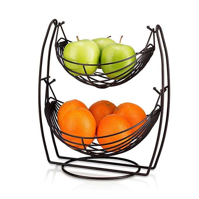 2 Tier Fruit Basket Double Hammock Kitchen Produce Storage Organizer Table Counter top Centerpiece Vegetables Rack Holder Swing Display Stand Pantry Countertop Fruits Metal Baskets Raw Rustic Brown