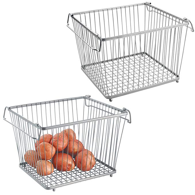 mDesign Household Stackable Wire Storage Organizer Bin Basket with Built-In Handles for Kitchen Cabinets, Pantry, Closets, Bedrooms, Bathrooms � Large, Pack of 2, Steel in Durable Silver Finish