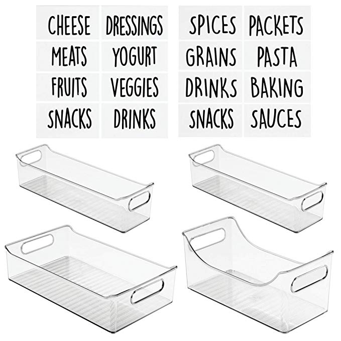 mDesign Kitchen Storage Organizer Bin Set with 16 Identification Labels, Trays with Built-In Handles - for Pantry, Cabinets, Shelves, Refrigerator - BPA Free, Food Safe - Set of 4, Clear