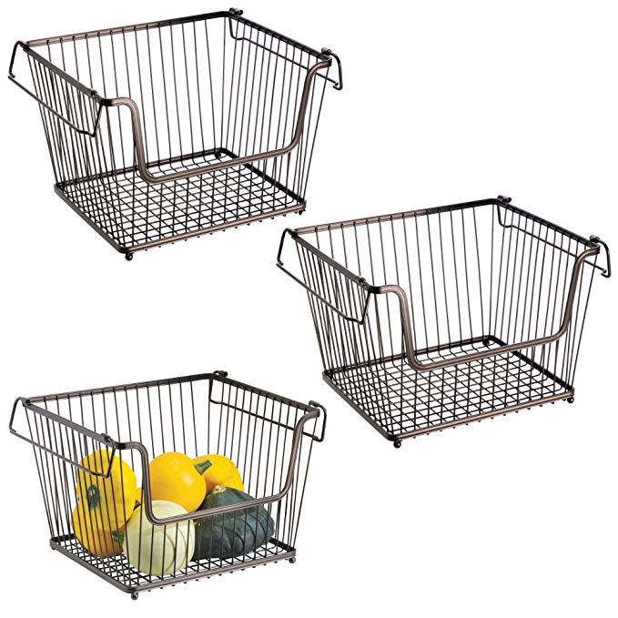 mDesign Modern Stackable Metal Storage Organizer Bin Basket with Handles, Open Front for Kitchen Cabinets, Pantry, Closets, Bedrooms, Bathrooms, Large, 3 Pack - Bronze