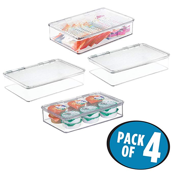 mDesign Stackable Kitchen Pantry Cabinet or Refrigerator Storage Organizers, Attached Hinged Lids - Compact Bins for Pantry, Refrigerator, Freezer - BPA Free, Food Safe - Pack of 4, Clear