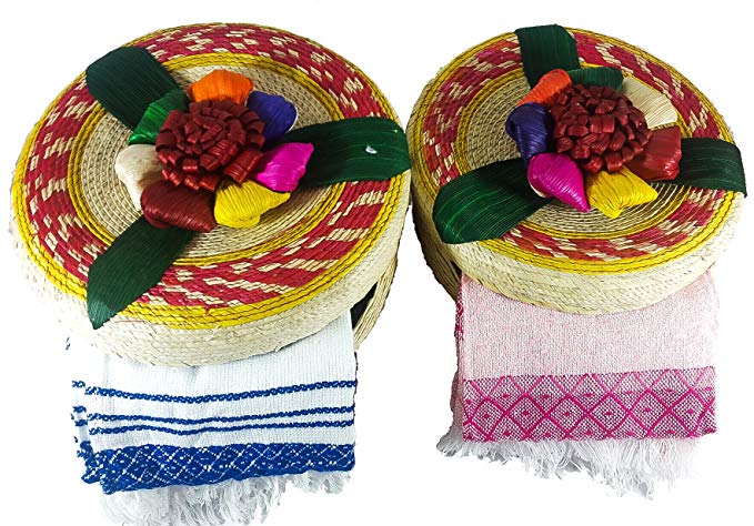 Tortillero & Pancake Handwoven Basket & Handloomed Tortilla Cloth 2 Pack Warmer Keeper Bundle 100% Palm Mexican Art.