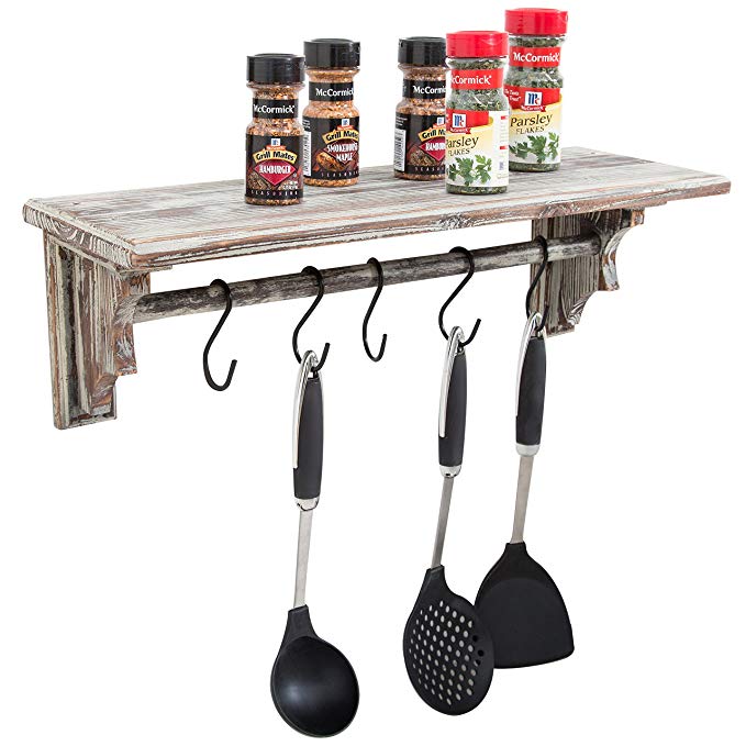 Wall Mounted Torched Wood Kitchen Storage Shelf and Towel Bar with 5 Hanging Removable S-Hooks