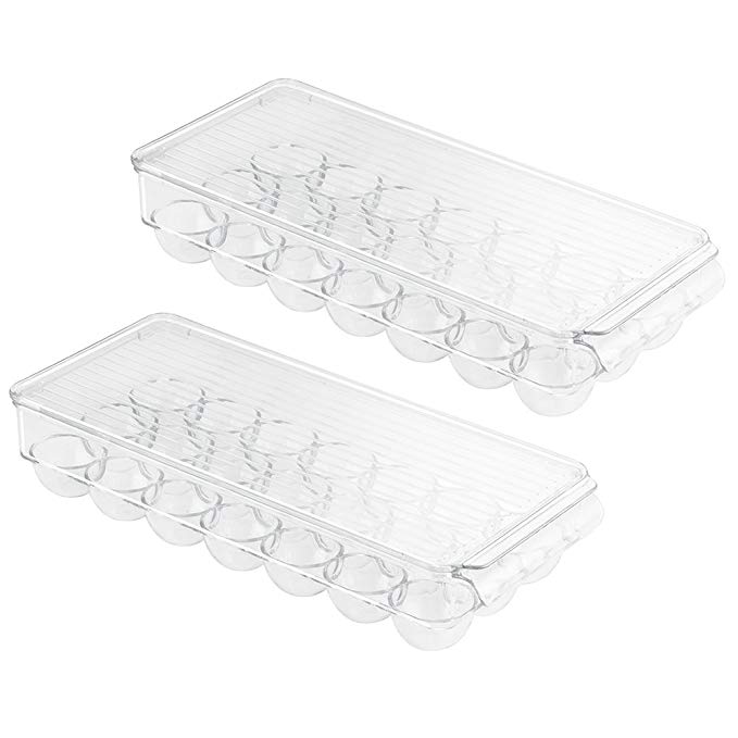 InterDesign Covered Egg Holder - Refrigerator Storage Container, 21 Egg Tray, Clear, Set of 2