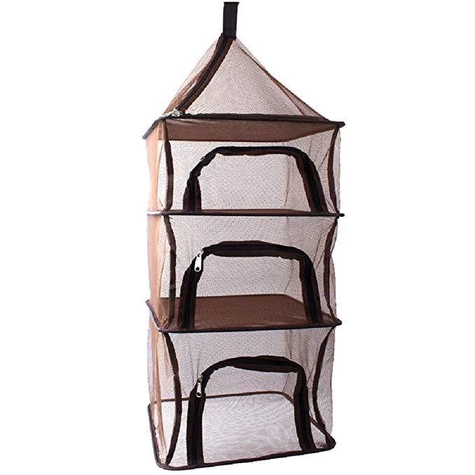 4 Layer Dry Net Collapsible Mesh Drying Rack Multifunctional Hanging Dryer Net with Zippers and Storage Bag (coffee)