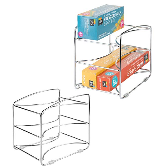 mDesign Kitchen Cabinet Cupboard Wire Metal Storage Organizers Holders Racks for Aluminum Foil, Sandwich Bags, Plastic Wrap Rolls - 3 Shelf - set of 2 -, Chrome