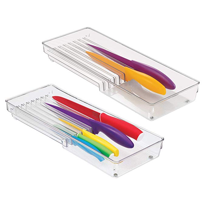 mDesign Kitchen Knife Storage Drawer Organizer for Cutlery, Paring Knives - Pack of 2, Clear