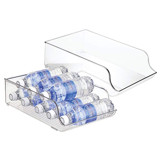 mDesign Wide Plastic Kitchen Water Bottle Storage Organizer Tray Rack - Holder and Dispenser for Refrigerators, Freezers, Cabinets, Pantry, Garage - 2 Pack, Clear