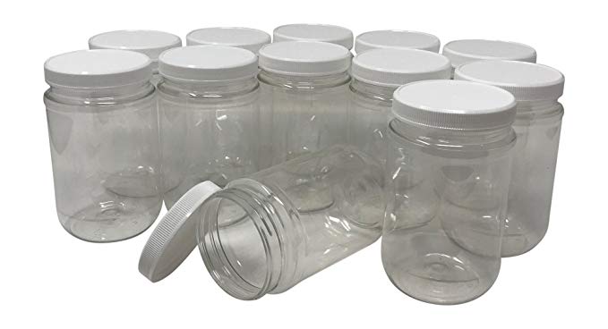 CSBD 16 Oz Clear Plastic Jars With Ribbed Liner Screw On Lids, BPA Free, PET Plastic, Made In USA, Bulk Storage Containers, 12 Pack (Clear Jar - White Lid, 12)