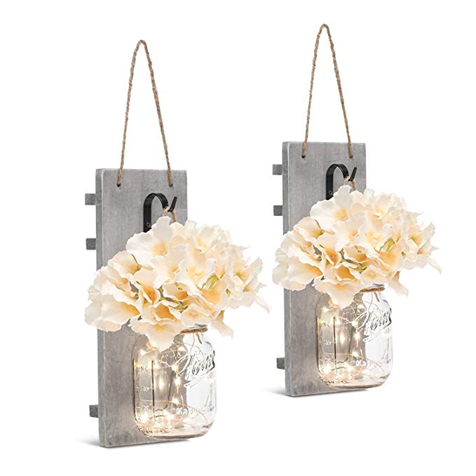 Chen Mason Jar Sconces LED - Fairy Lights,Vintage Wrought Iron Hooks, Silk Hydrangea Flower LED Strip Lights Design Home Kitchen Decoration Set of 2