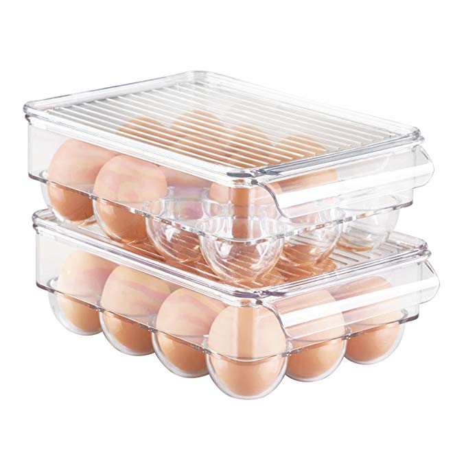 InterDesign Covered Egg Holder - Refrigerator Storage Container, 12 Egg Tray, Short, Clear, Set of 2