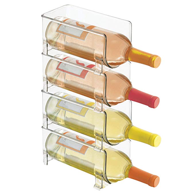 mDesign Plastic Free-Standing Water Bottle and Wine Rack Storage Organizer for Kitchen Countertops, Table Top, Pantry, Fridge - Stackable, Each Rack Holds 1 Bottle - Pack of 4, Clear