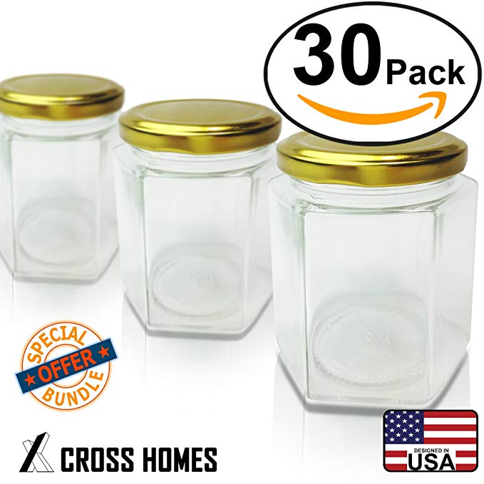 Hexagon Jars Gold Lid (30pcs 6.0 oz) Hexagon Glass Jars with 30pcs Gold Plastisol Lined Lids for Jam Honey Jelly Wedding Favors Baby Shower Favors Baby Food DIY Magnetic Spice Jars Crafts Canning Jars