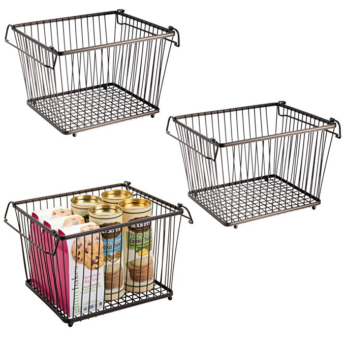 mDesign Household Stackable Wire Storage Organizer Bin Basket with Built-in Handles for Kitchen Cabinets, Pantry, Closets, Bedrooms, Bathrooms � Large, Pack of 3, Steel in Durable Bronze Finish