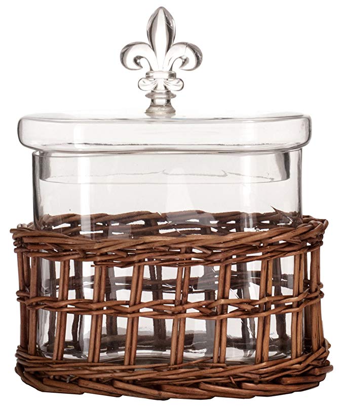 Hand-Woven Willow Base & Oval Glass Jar w/Fleur De Lis Top, 7