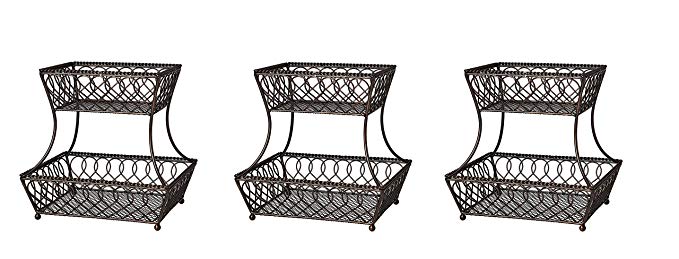 Gourmet Basics by Mikasa 5201553 Loop and Lattice 2-Tier Metal Rectangular Fruit Storage Basket, 14-Inch, Antique Black (Pack of 3)