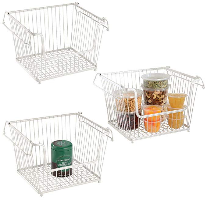 mDesign Modern Stackable Metal Storage Organizer Bin Basket with Handles, Open Front for Kitchen Cabinets, Pantry, Closets, Bedrooms, Bathrooms, Large, 3 Pack - Pearl White