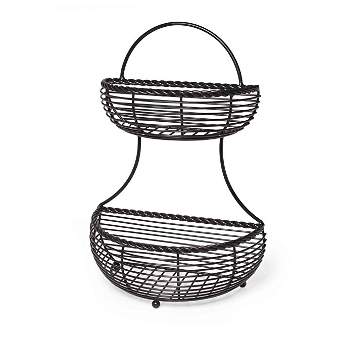 Gourmet Basics by Mikasa 5153170 Rope 2-Tier Flatback Metal Storage Basket, Antique Black