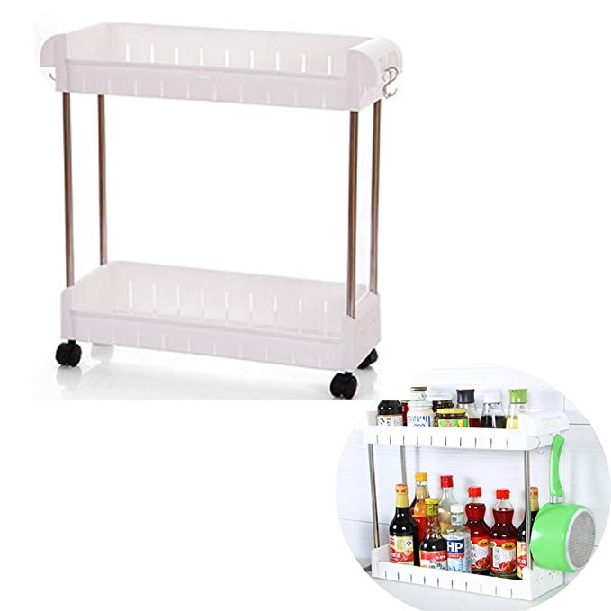 Portable Shelving Unit Storage Organizer with Wheel and Hooks for Narrow Spaces Laundry Bathroom Kitchen