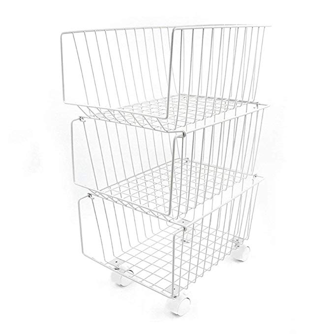 3 Tiers Stackable Rolling Baskets, Metal Wire Storage Rack, Utility Shelf Unit Storage Organizer Bin with Pre-installed Wheels for Kitchen (Gray)