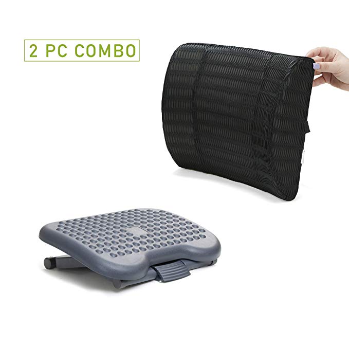 Mind Reader CMBFTFOAM-BLK Memory Foam Lumbar Support Back Cushion for Lower Back Pain Relief with Height Adjustable Ergonomic Non Slip Foot Rest,Black