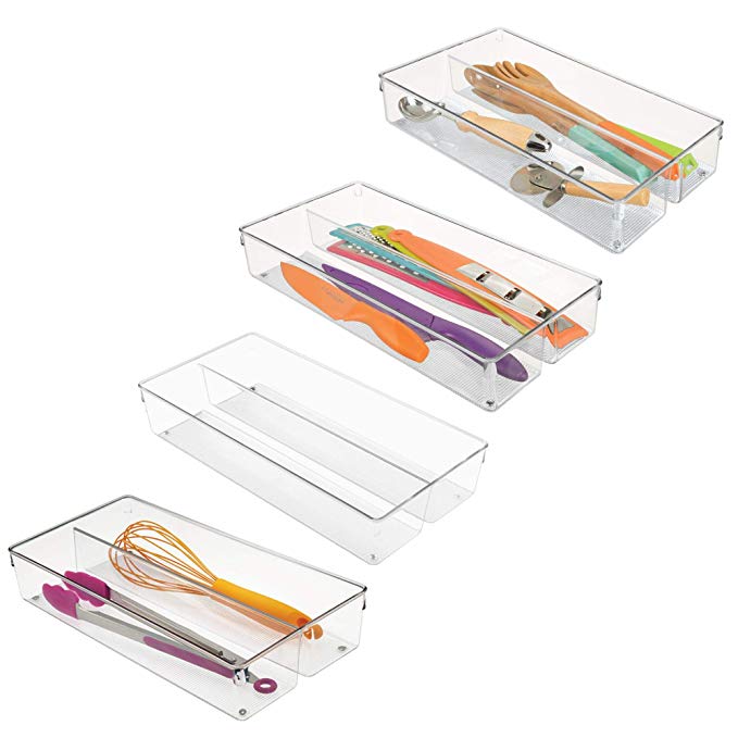 mDesign 2 Compartment Kitchen Cabinet Plastic Drawer Organizer Tray, Non-Skid Feet - Divided Sections for Cutlery, Serving Spoons, Cooking Utensils, Gadgets, BPA Free, 8