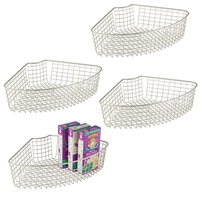 mDesign Lazy Susan Wire Storage Basket with Handle for Kitchen Cabinets, Pantry - Pack of 4, 1/4 Wedge, Satin