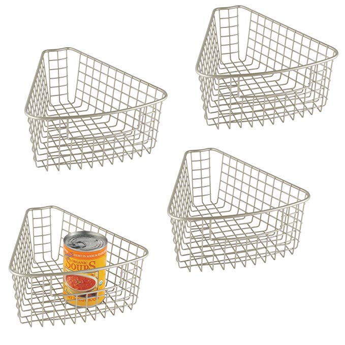 mDesign Lazy Susan Wire Storage Basket with Handle for Kitchen Cabinets, Pantry - Pack of 4, 1/8 Wedge, Satin