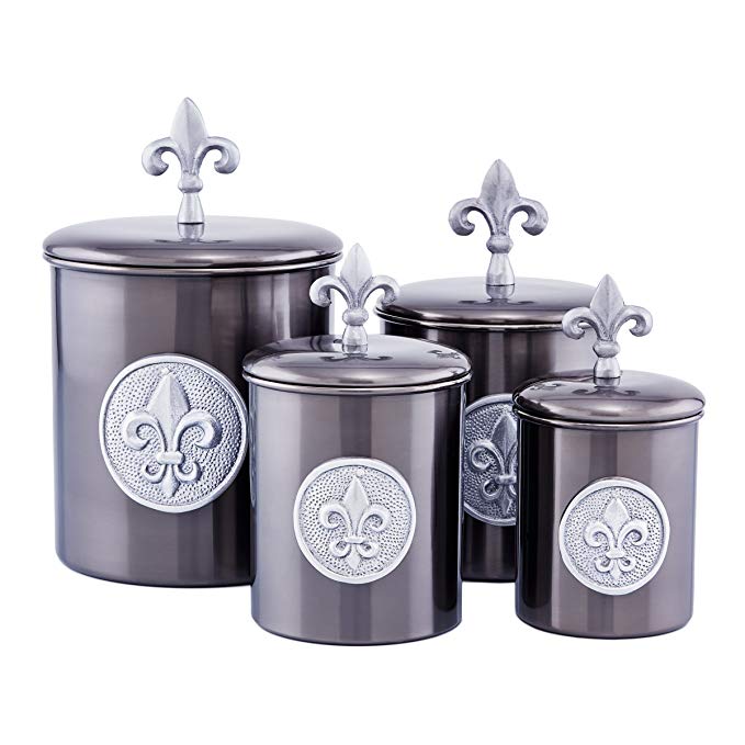 Old Dutch 4 Piece Fleur de Lis Canisters with Fresh Seal Covers, Antique Pewter