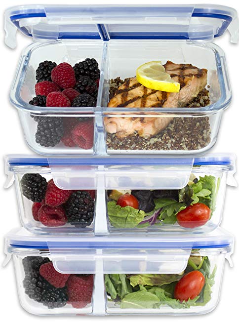 [Large Premium 3 Pack] 2 Compartment Glass Meal Prep Containers w/ New Divider Seal Tech Best Quality Snap Locking Lids Airtight 8 Pcs Glass Tupperware Set BPA-Free (5 Cups, 36 Oz)