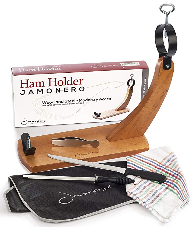 Ham Stand Spain + Knife + Sharpening Steel + Ham Cover + Kitchen Cloth + Tongs | The Original Ham Holder for Spanish Hams and Italian Prosciutto