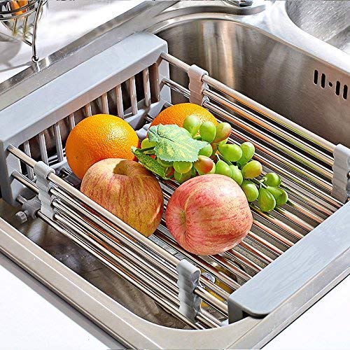 MiniInTheBox Stainless Steel Kitchen Sink Rinse Basket Over the Sink Dish Drainer Dish Drying Rack, Stainless Steel Dish Rack Functional Kitchen Strainer for Drying Vegetables and Fruit