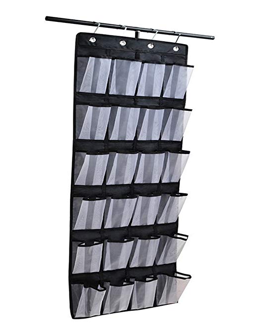 Over the Door Shoe & Accessory Organizer with 24 Oversized Pockets, Oxford Fabric Reinforced Storage Hang on Standard Doors with 4 Hooks, Black