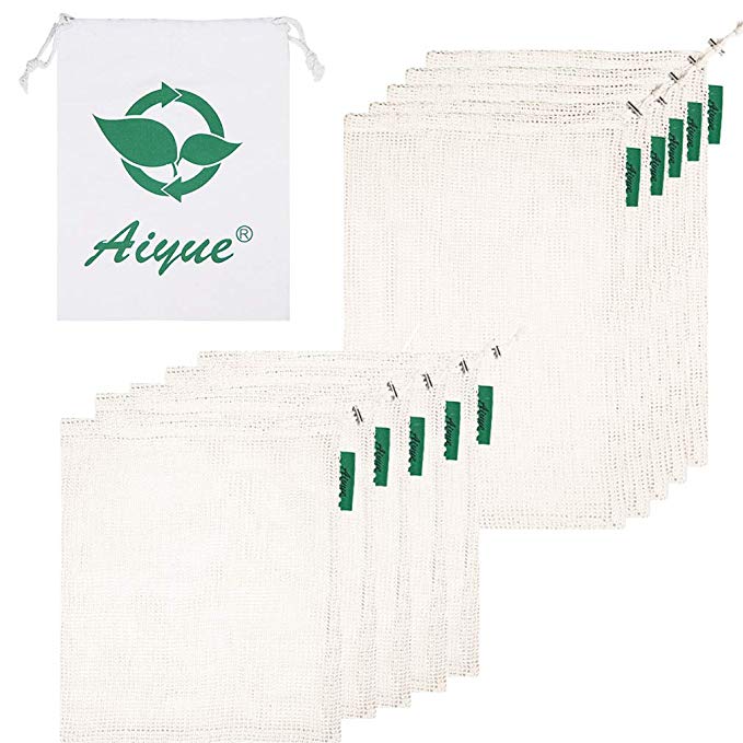 Reusable Produce Mesh Bags, Eco Friendly Cotton Bags with Tare Weight Label, Double-Stitched Lightweight Grocery Bags for Shopping-Set of 11 PCS(5 Large - 5 Medium - 1 Small)