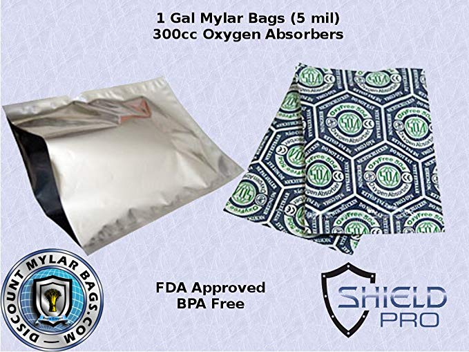 ShieldPro 5 Mil 1-Gallon Mylar Bags + 300cc Oxyen Absorbers for Long Term Food Storage (100)