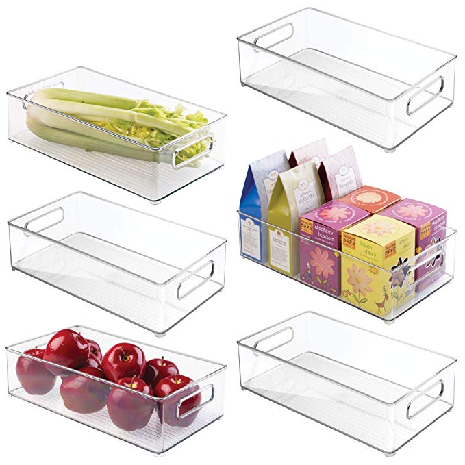 mDesign Large Stackable Kitchen Storage Organizer Bin with Pull Front Handle for Refrigerators, Freezers, Cabinets, Pantries - BPA Free, Food Safe - Deep Rectangle Tray Basket, Pack of 6, Clear