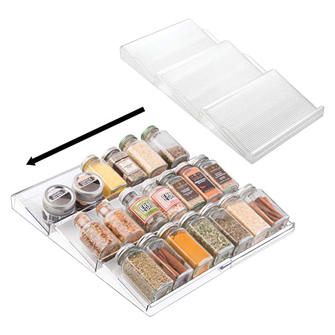 mDesign Adjustable, Expandable Spice Rack Drawer Organizer Tray Insert for Kitchen Cabinet Drawers - 3 Slanted Storage Shelves for Garlic, Onion, Salt, Pepper Spice Jars - 2 Pack, Clear