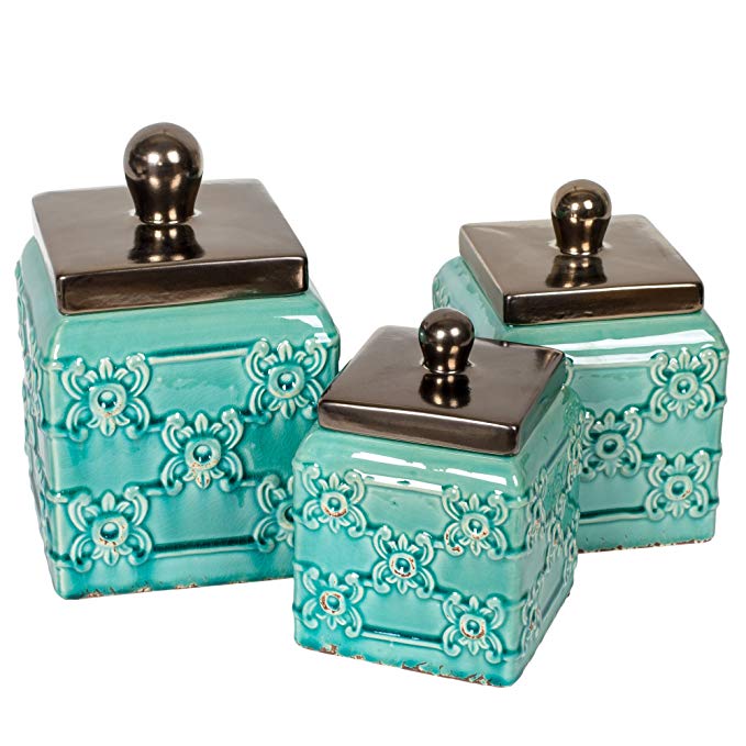 Turquoise 3 Piece Ceramic Distressed Finish Fleur de Lis Canister Set