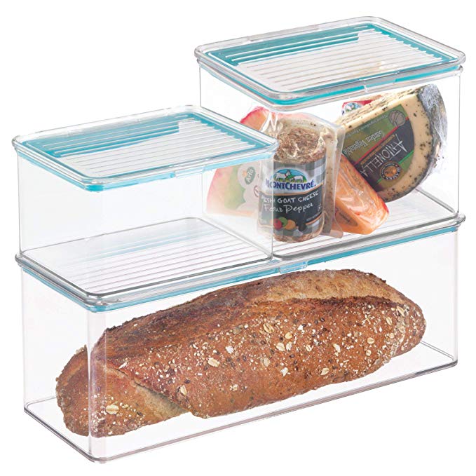 mDesign Kitchen Storage Boxes with Hinged Lid for Refrigerator or Pantry - Set of 3, Clear