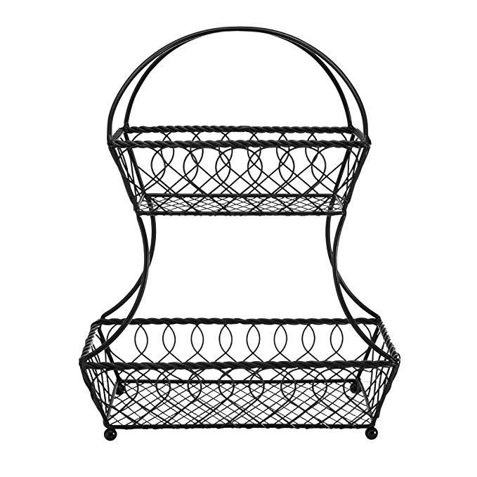 Gourmet Basics by Mikasa Loop and Lattice 2-Tier Flatback Metal Fruit Basket, Antique Black