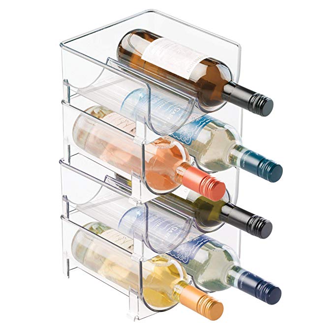 mDesign Plastic Free-Standing Water Bottle and Wine Rack Storage Organizer for Kitchen Countertops, Table Top, Pantry, Fridge - Stackable, Each Rack Holds 2 Bottles - Pack of 4, Clear