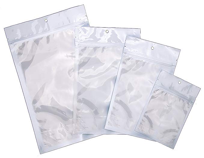 PackFreshUSA White & Clear Stand Up Pouches, 100pcs (Medium) with PackFreshUSA Packaging Guide