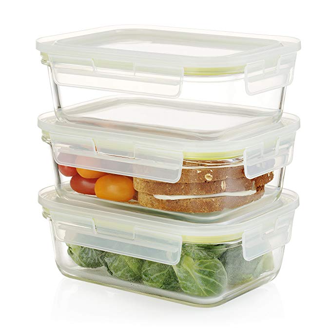 Komax Oven Safe Rectangular Glass Food Storage Containers – Microwave & Freezer Safe - Airtight Lunchbox with Snap Locking Lids - BPA FREE - 3 Piece Set (35 oz)