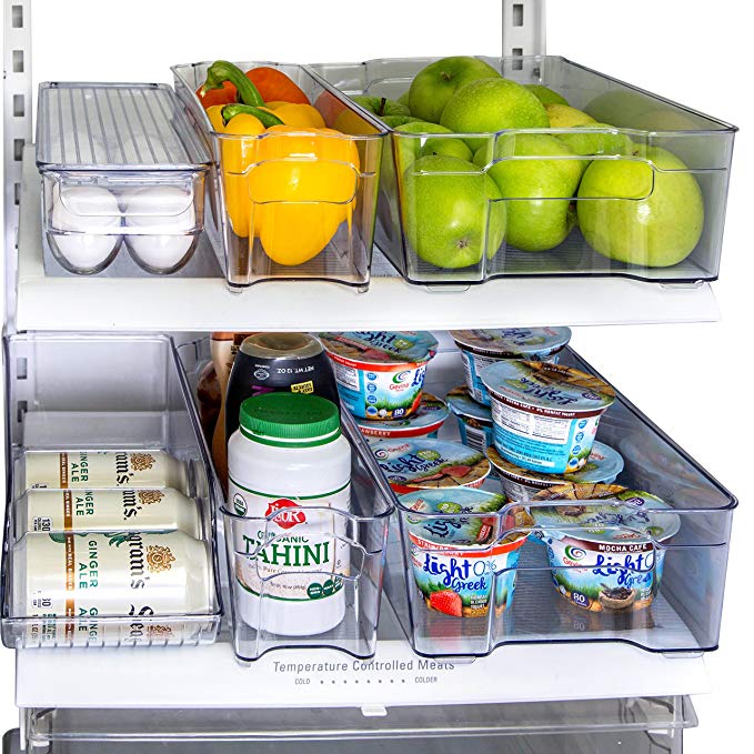 Refrigerator Organizer set of 6 Storage Bins, Including Drink Holder and Egg Holding Tray, by Kitchen Shaq