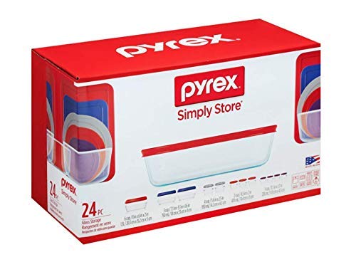 Pyrex 24-pc Glass Storage Set: 1 X 6-cup rectangular dish, 2 X 3-cup rectangular dishes, 2 X 4-cup bowls, 3 X 2-cup bowls, 4 X 1-cup bowls, all with lids