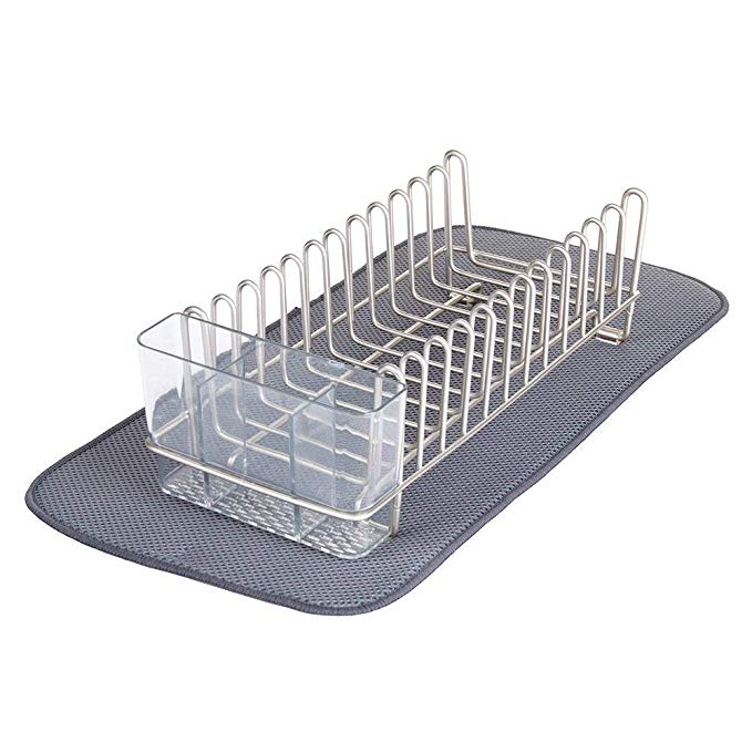 mDesign Compact Dish Drainer Rack and Mini Drying Mat for Kitchen Countertops - Set of 2, Satin/Pewter